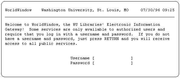 Screen shot of the telnet screen at 
Washington University, showing prompts for username and password